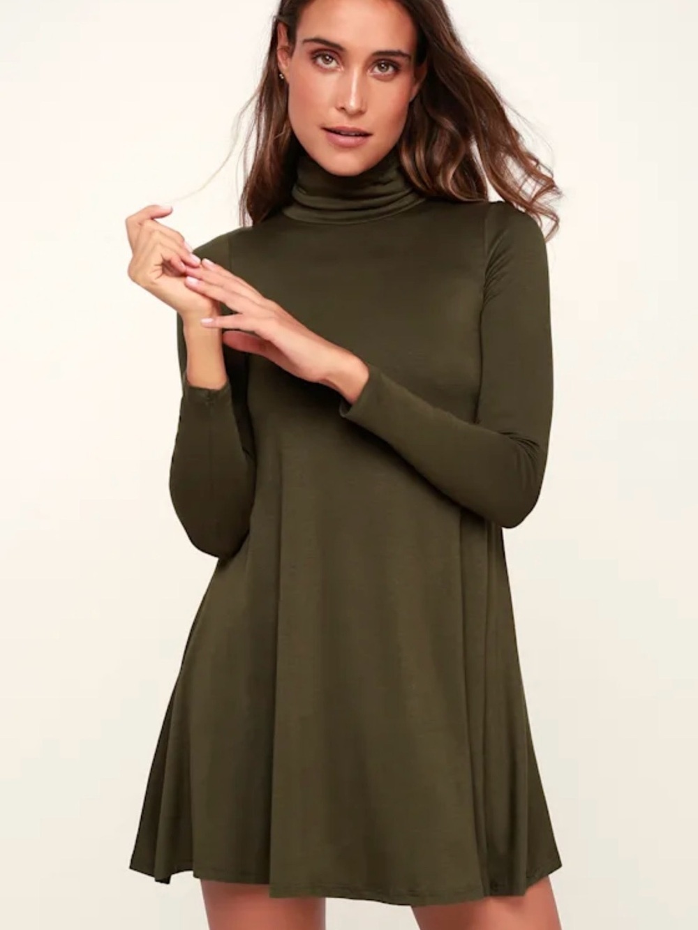 Lulu's Olive Green Turtleneck Swing Mini Dress